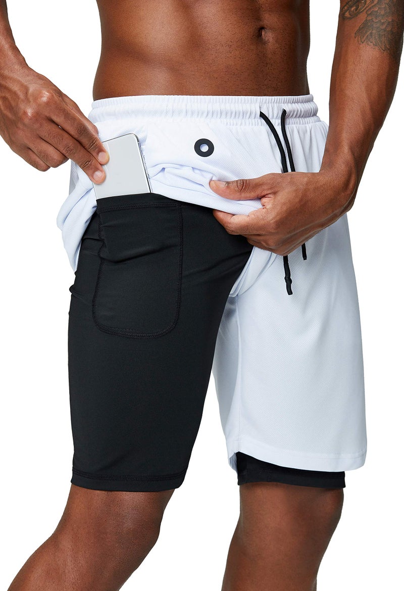 Pinkbomb Men's 2 in 1 Running Shorts Gym Workout Quick Dry Mens Shorts with Phone Pocket (White, Medium) - Image 1